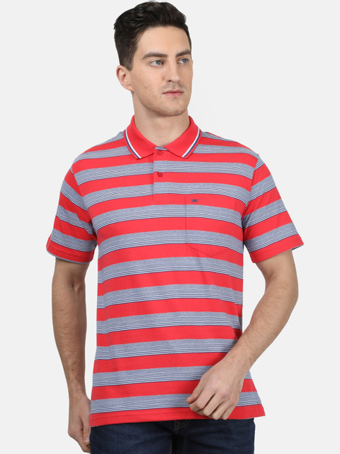 

Monte Carlo Men Coral Red & Blue Striped Polo Collar T-shirt