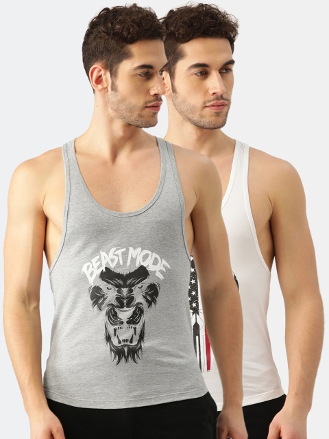 

ROMEO ROSSI Men Pack Of 2 Printed Innerwear Gym Vests, Grey