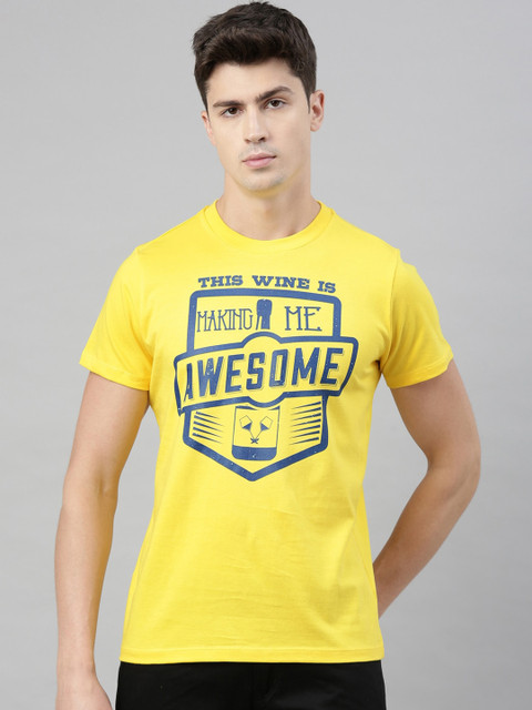 

QUANCIOUS Men Yellow & Teal Blue Typography Print Organic Cotton Round Neck Sustainable T-shirt