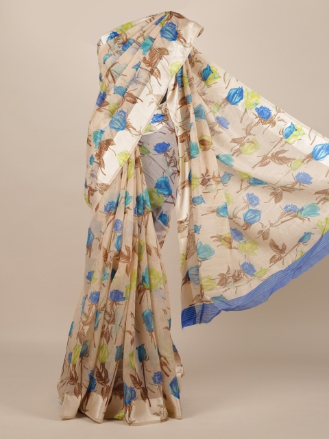 

Pothys Cream-Coloured & Blue Jute Silk Printed Saree