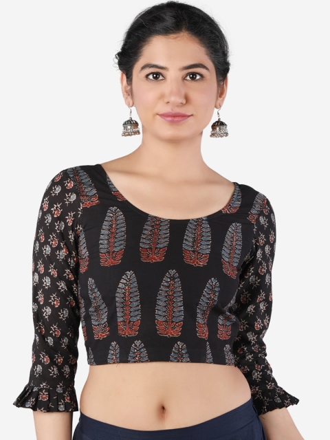 

Llajja Women Black & Red Ajrakh Printed Pure Cotton Saree Blouse