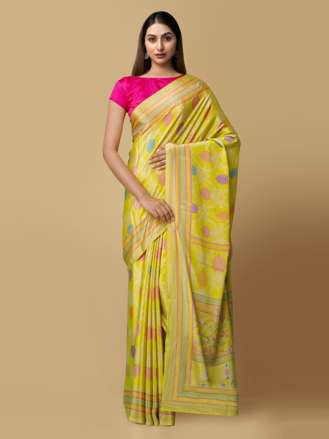 

Unnati Silks Yellow Pure Silk Printed Block Print Saree
