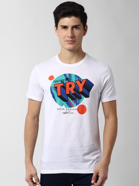 

Peter England Men White Printed Round Neck Cotton T-shirt