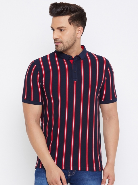 

Crimsoune Club Men Navy Blue & Red Striped Polo Collar Cotton T-shirt