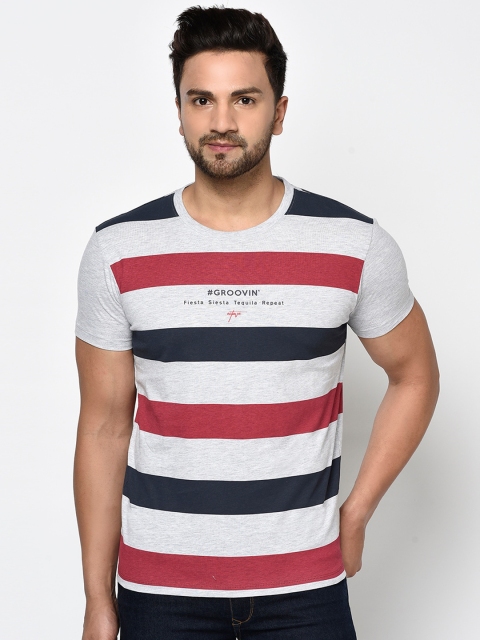 

Octave Men Grey Melange Striped Round Neck T-shirt