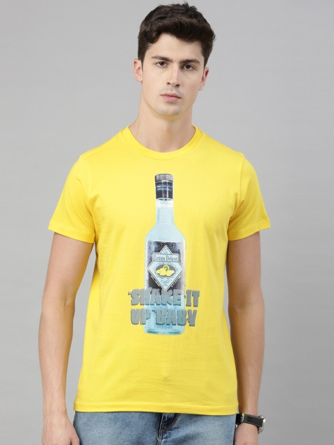 

QUANCIOUS Men Yellow & Blue Graphic Print Organic Cotton Round Neck T-shirt