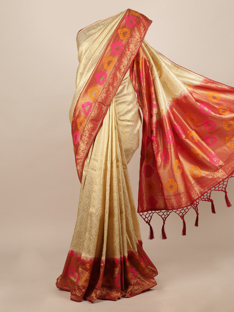 

Pothys Cream-Coloured & Red Jute Silk Woven Design Saree