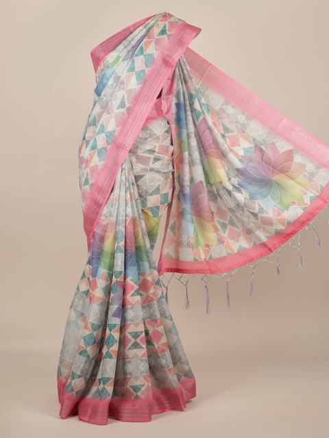 

Pothys Beige & Pink Linen Blend Printed Saree