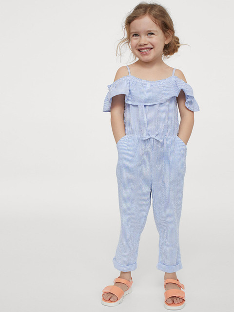 

H&M Girls Blue & White Cotton Flounce-Trimmed Jumpsuit