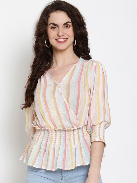 

VANCA ECO Multicoloured Striped Puff Sleeves Sustainable Wrap Top, Multi