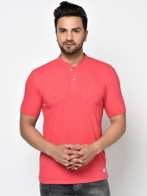 

Octave Men Coral Pink & White Cotton Micro Ditsy Print Henley Neck T-shirt