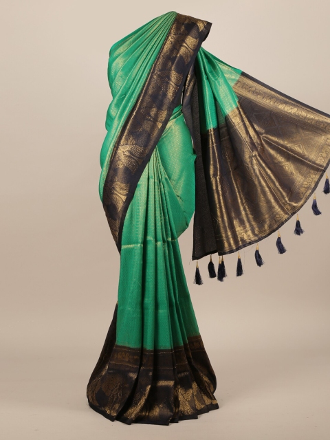 

Pothys Green & Gold-Toned Jute Silk Woven Design Saree With Tasseled Pallu