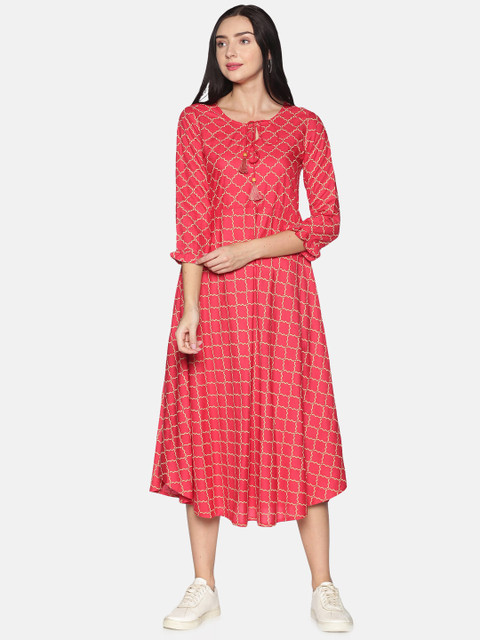 

Saffron Threads Women Coral Pink Printed A-Line Dress