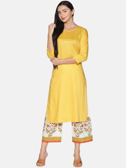 

Saffron Threads Women Yellow Ethnic Motifs Keyhole Neck Dobby Kurta