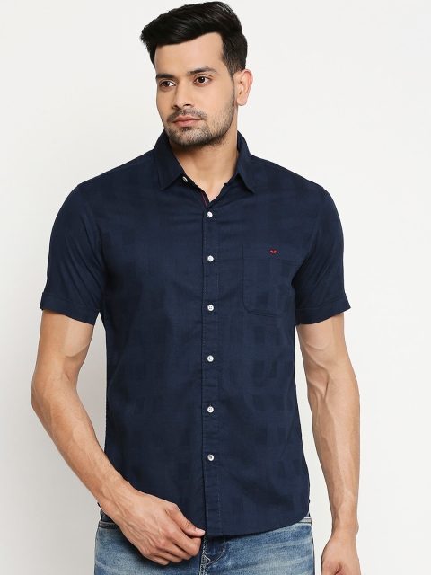 

Mufti Men Navy Blue Checked Cotton Slim Fit Casual Shirt