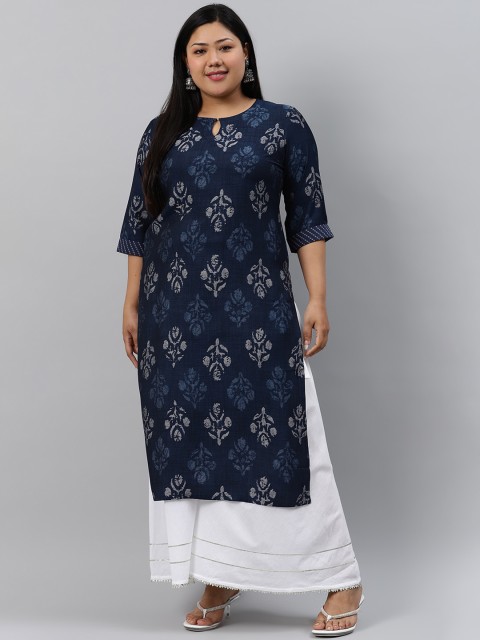 

EXTRA LOVE BY LIBAS Women Plus Size Blue Printed Keyhole Neck Kurta