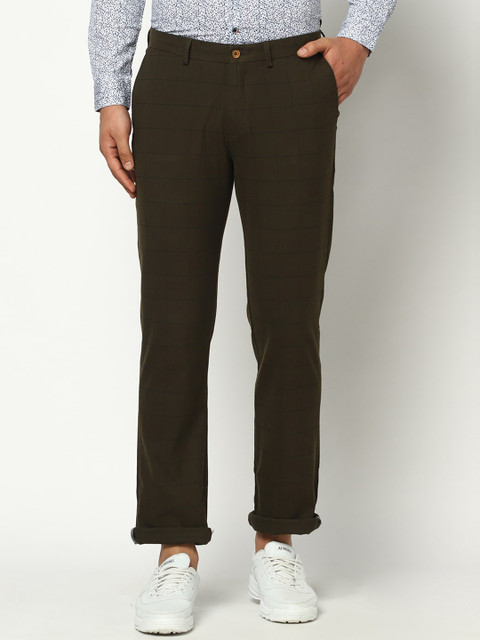 

Blackberrys Men Olive Green Loose Fit Checked Regular Trousers
