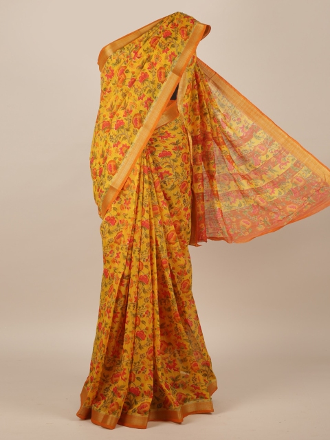 

Pothys Mustard Yellow & Pink Jute Silk Printed Saree