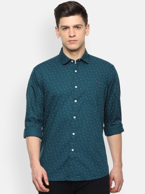 Louis Philippe Jeans Men Green & White Slim Fit Geometric Printed Casual Cotton Shirt