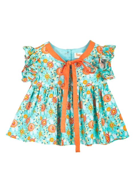 

Hugsntugs Girls Blue Floral Printed Tie-Up Neck Pure Cotton Empire Top