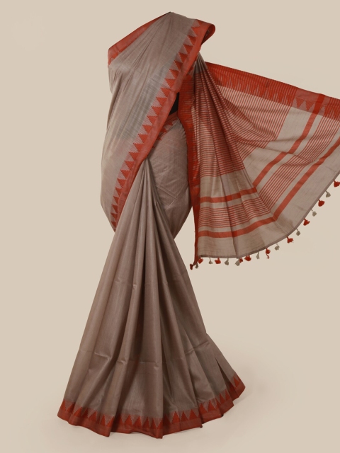 

Pothys Grey Solid Linen Blend Saree With Tasseled Pallu