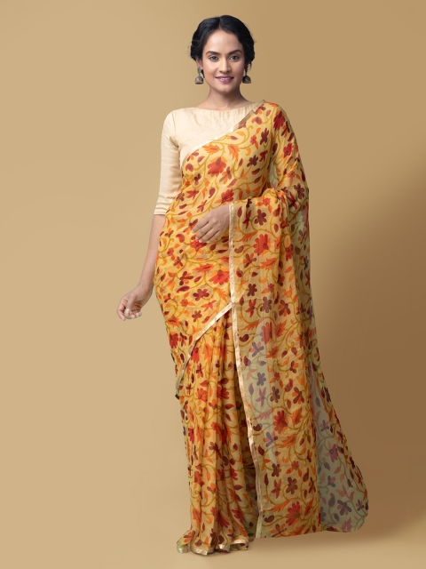 

Unnati Silks Yellow & Orange Pure Chiffon Floral Printed Baluchari Handloom Saree