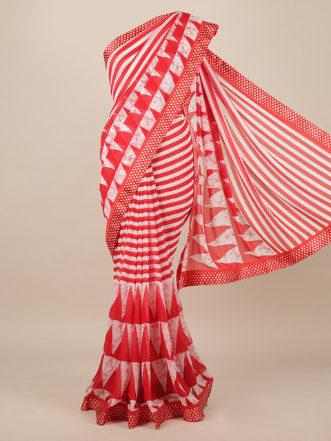 

Pothys White & Red Poly Chiffon Striped Saree