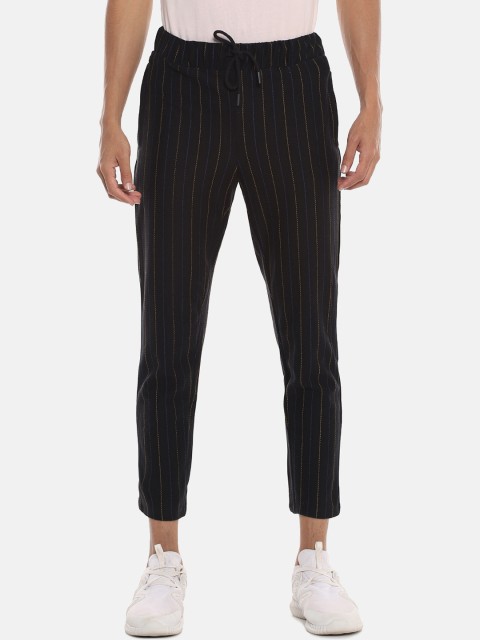 

Campus Sutra Men Charcoal Grey & Blue Striped Straight-Fit Cotton Track Pants