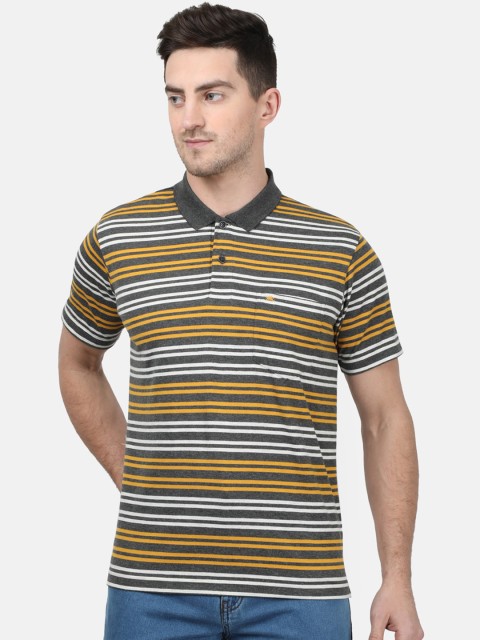 

Monte Carlo Men Grey Striped Mandarin Collar T-shirt