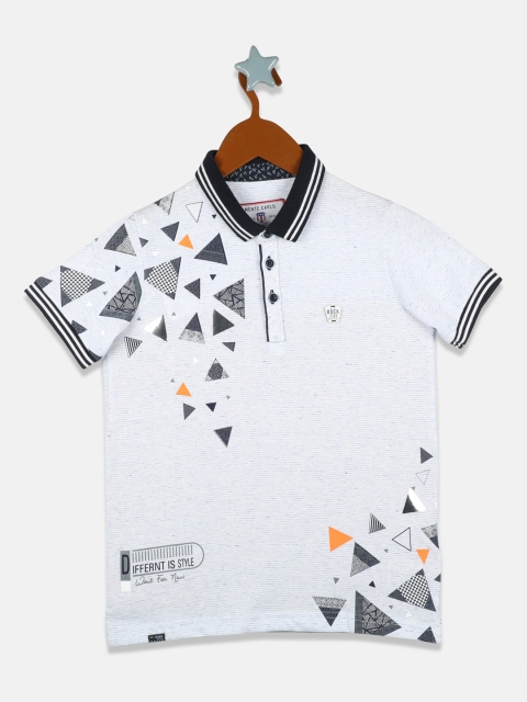 

Monte Carlo Boys White & Grey Cotton Geometric Print Polo Collar T-shirt