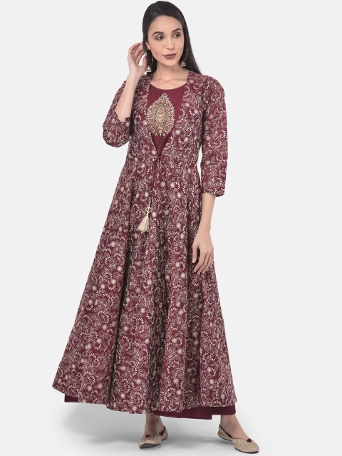 Neerus Women Maroon Embroidered Kurta with Churidar