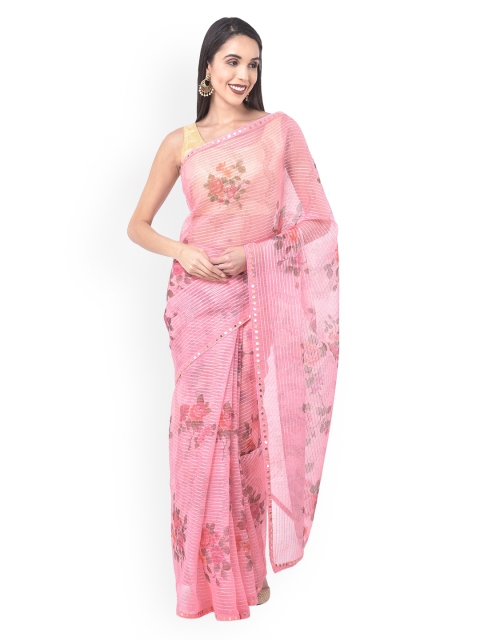 

Neerus Pink Printed Organza Saree