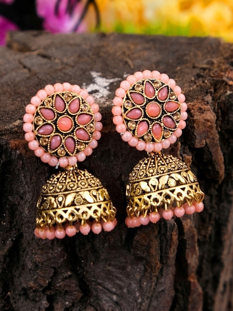

Crunchy Fashion Peach-Coloured & Gold Toned Contemporary Jhumkas