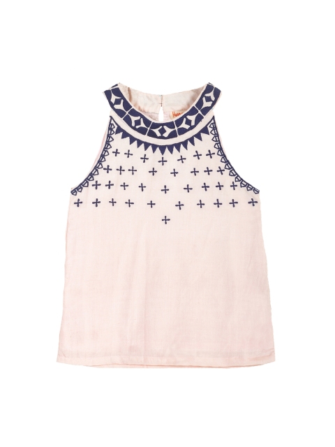 

Hugsntugs Girls Peach-Coloured & Navy Blue Embroidered Pure Cotton Top
