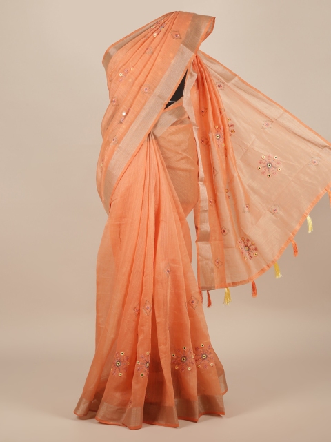 

Pothys Peach-Coloured Embroidered Jute Silk Saree With Tasseled Pallu