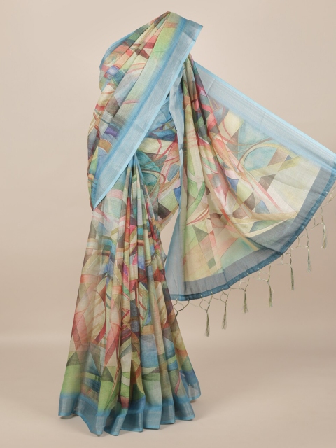 

Pothys Cream-Coloured & Blue Linen Blend Printed Saree