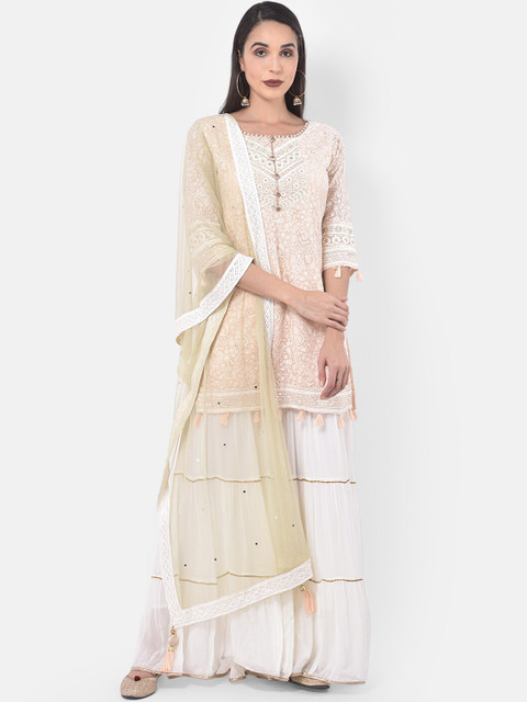 

Neerus Women Peach-Coloured Striped Kurti with Sharara & Dupatta