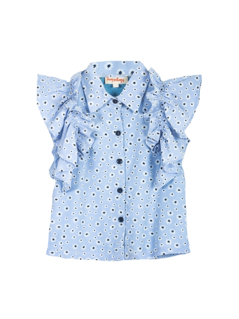 

Hugsntugs Blue Floral Printed Flutter Sleeves Pure Cotton Regular Top