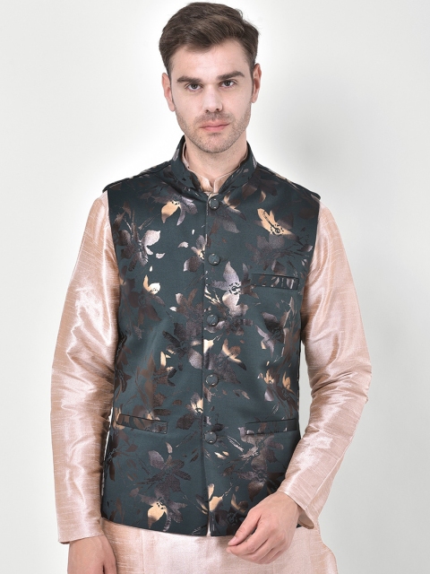 

SG LEMAN Men Teal Green & Grey Printed Satin Nehru Jacket
