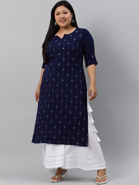 

EXTRA LOVE BY LIBAS Women Plus Size Navy Blue Embroidered Kurta
