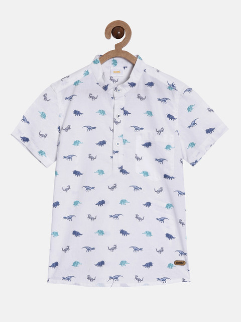 

Aomi Boys White & Blue Dinosaur Print Mandarin Collar Cotton T-shirt