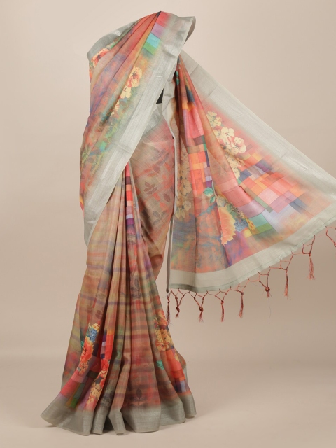 

Pothys Peach-Coloured Printed Linen Blend Saree