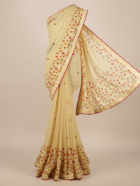 

Pothys Cream-Coloured Embroidered Poly Chiffon Saree