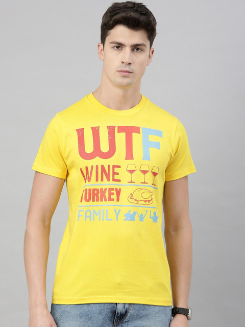 

QUANCIOUS Men Yellow & Red Organic Cotton Printed Round Neck T-shirt