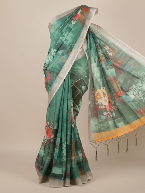 

Pothys Green Printed Linen Blend Saree