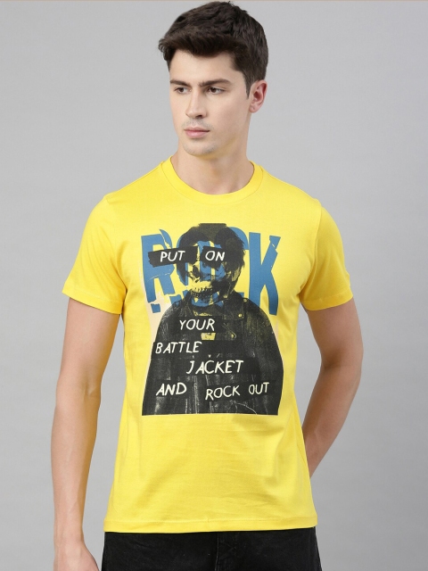

QUANCIOUS Men Yellow & Black Organic Cotton Printed Round Neck T-shirt