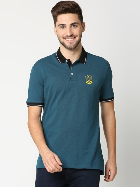 

Bewakoof Men Teal Blue Pure Cotton Solid Polo Collar T-shirt