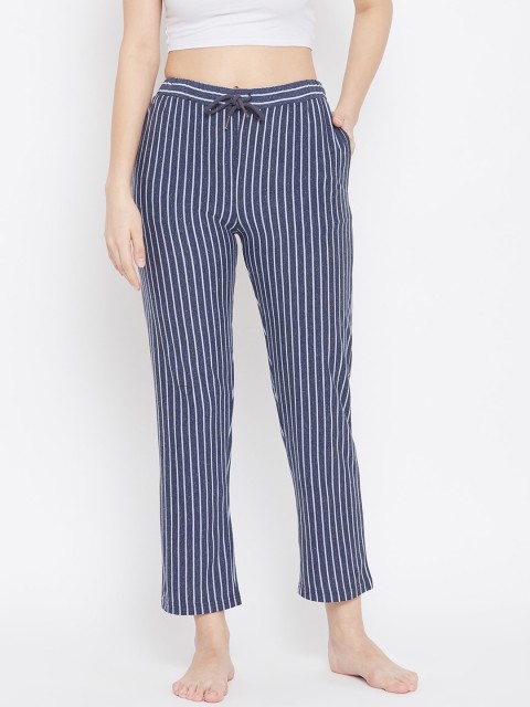 

Hypernation Women Blue & White Striped Cotton Lounge Pants