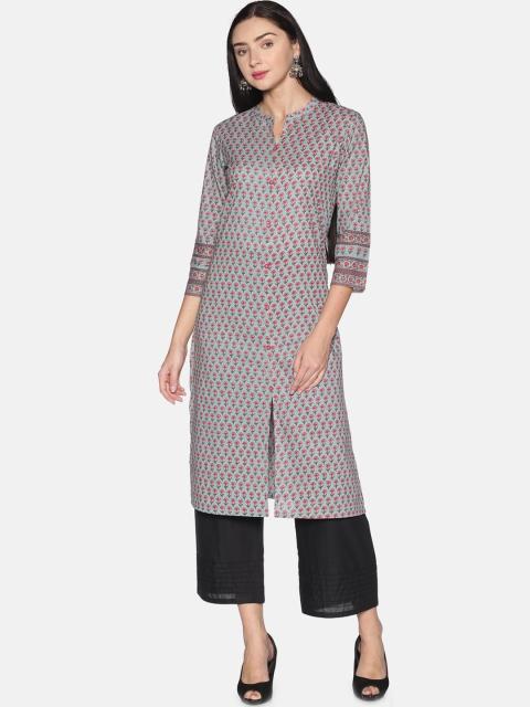 

Saffron Threads Women Turquoise Blue & Red Floral Printed Thread Work Kurta