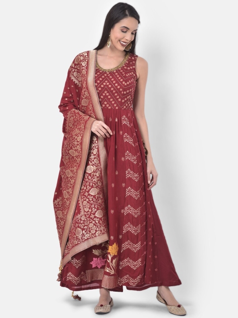 

Neerus Women Maroon Printed Kurta with Palazzos & Dupatta